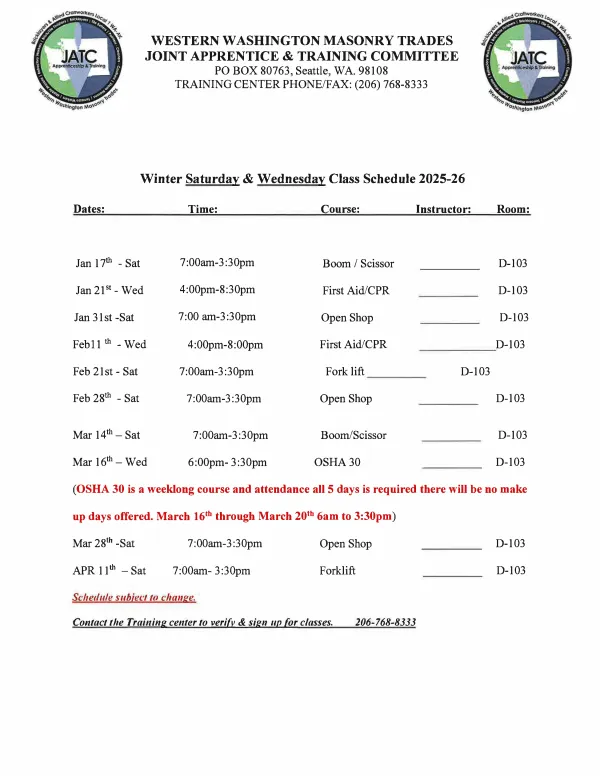 Winter Continuing Education Class Schedule 