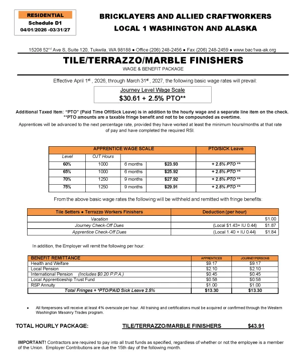 Residential Finisher Tile Terrazzo April 1St 2026-March 31st 2027